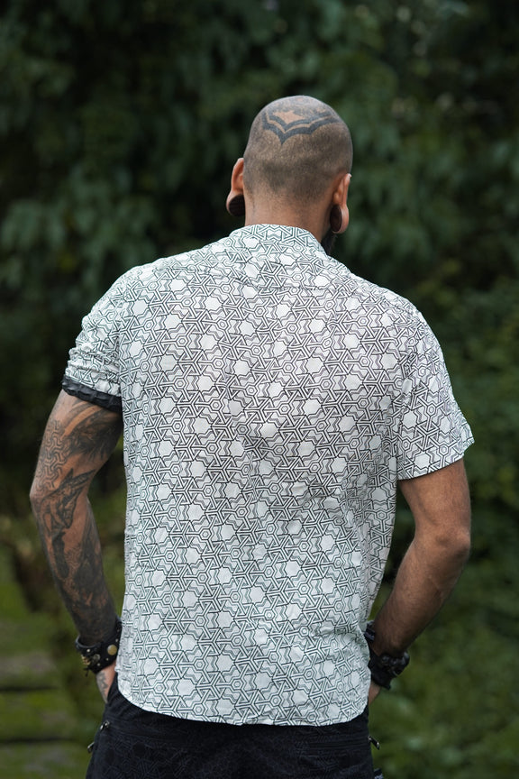 Back view of Pythagoras white men's viscose shirt featuring full sacred geometry artwork