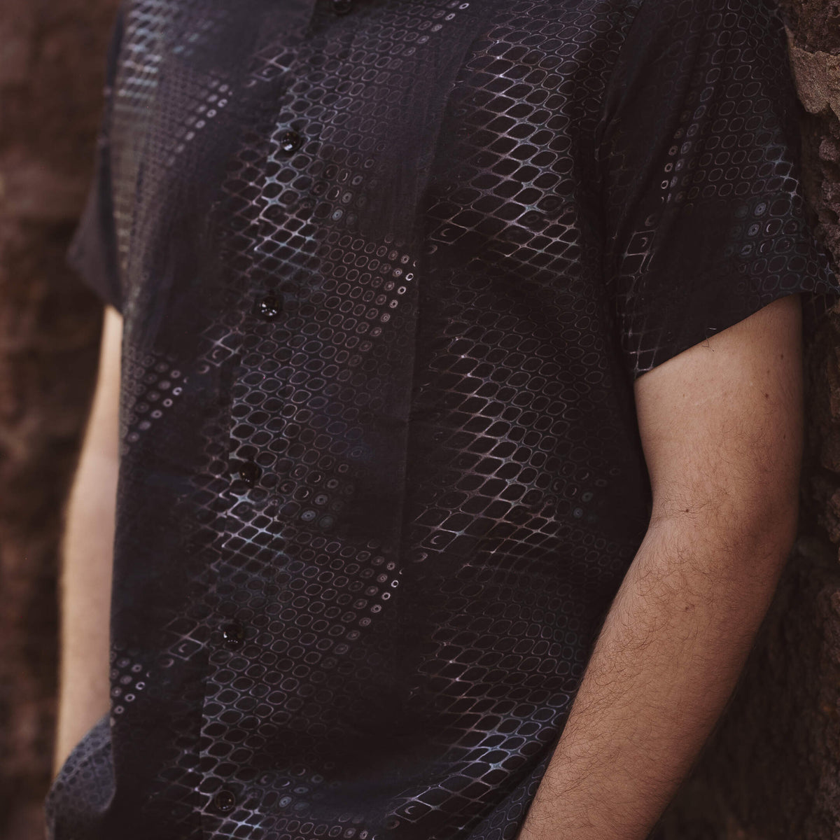 Men's bamboo button down shirt with dark geometric pattern