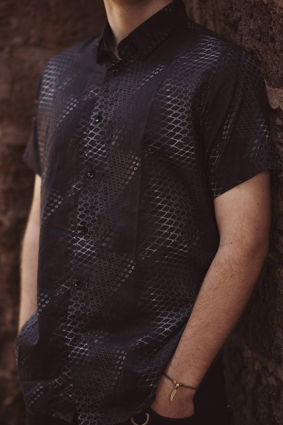 Men's bamboo button down shirt with dark geometric pattern