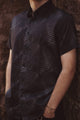 Men's bamboo button down shirt with dark geometric pattern