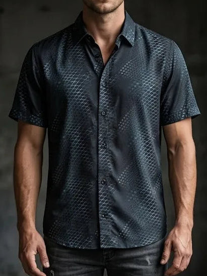 Front view of Python Vortex men's bamboo button down shirt