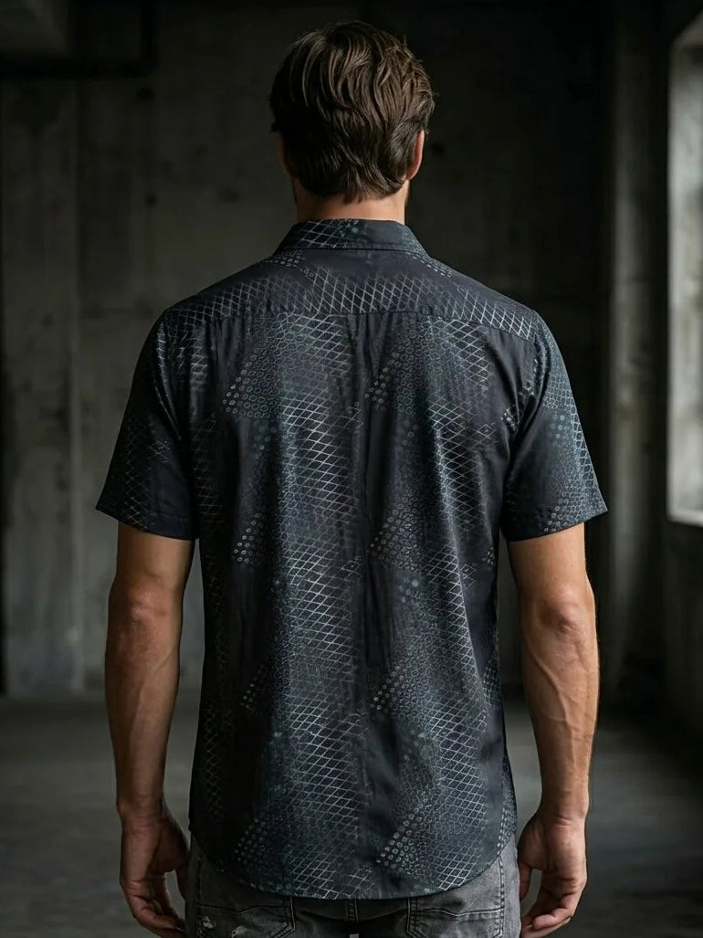 Back view of men's bamboo shirt with geometric Python Vortex pattern