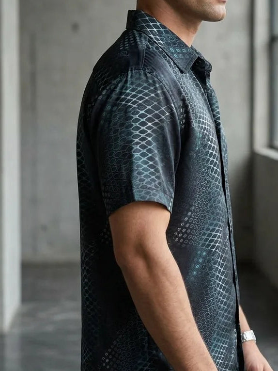 Side view of short sleeve men's bamboo button down shirt