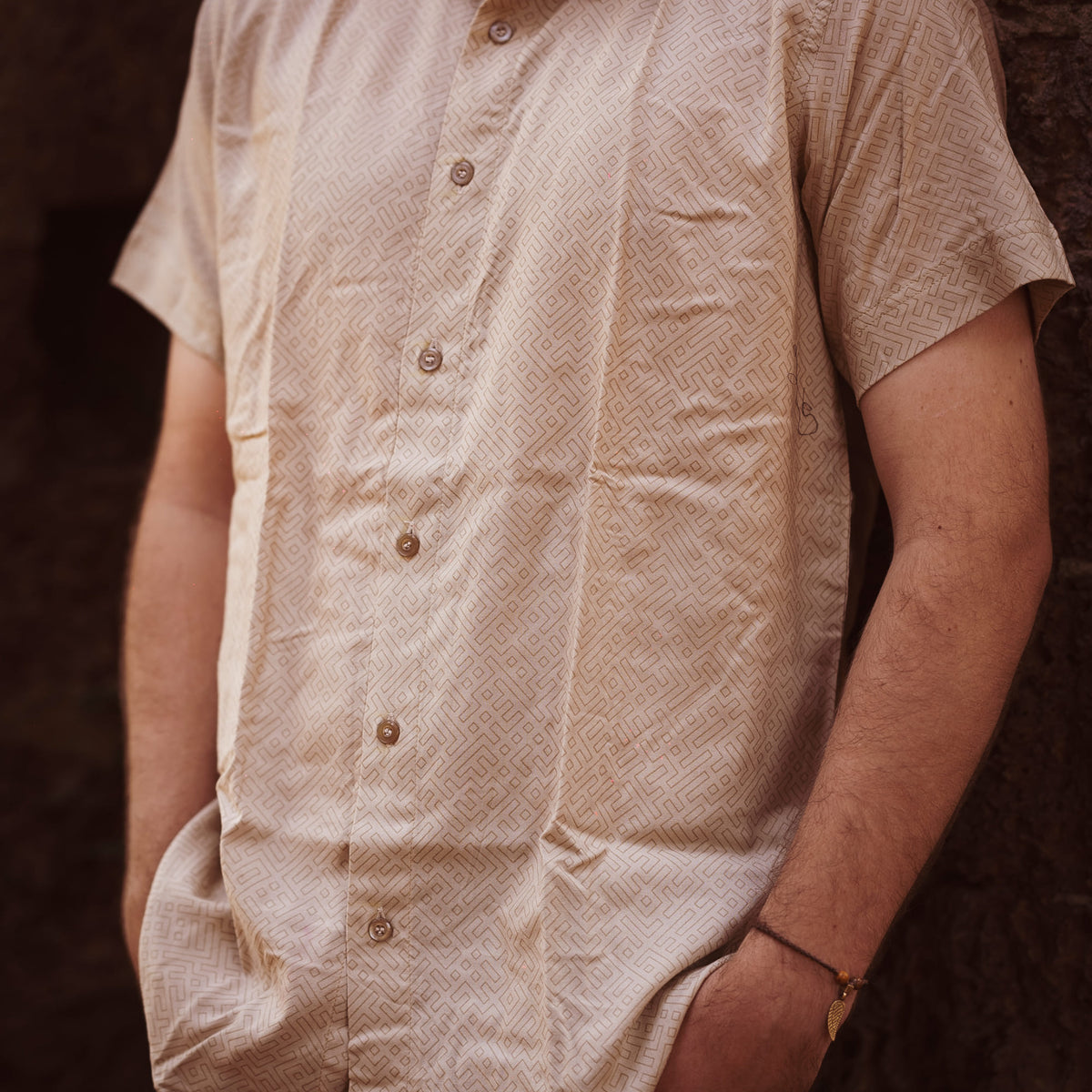 SHIPIBO beige viscose shirt for men with geometric pattern