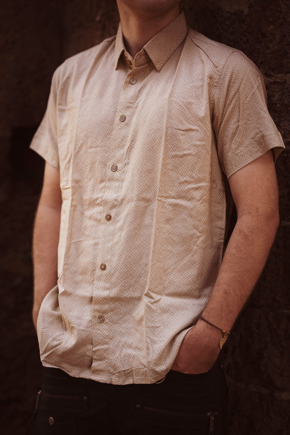 SHIPIBO beige viscose shirt for men with geometric pattern