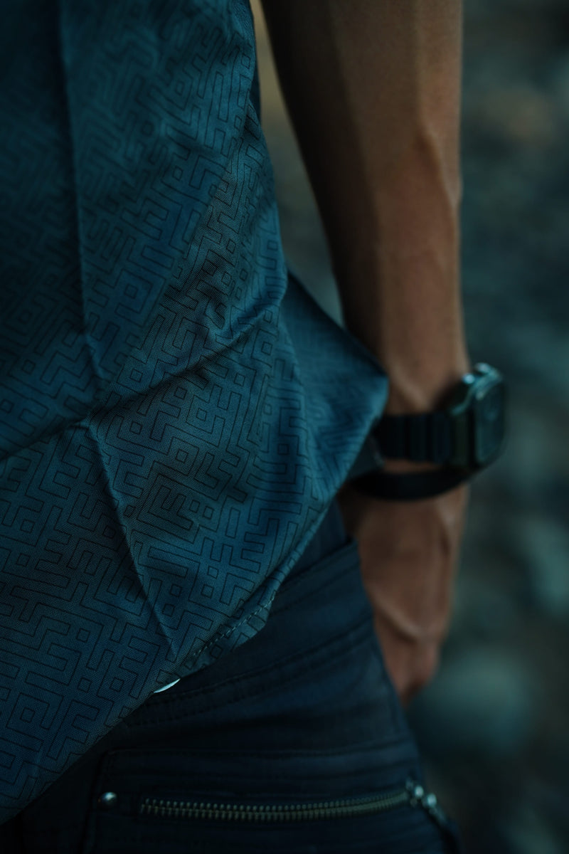 SHIPIBO dark green viscose shirt for men with geometric pattern