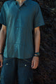 SHIPIBO dark green men's viscose shirt close-up with patterned fabric