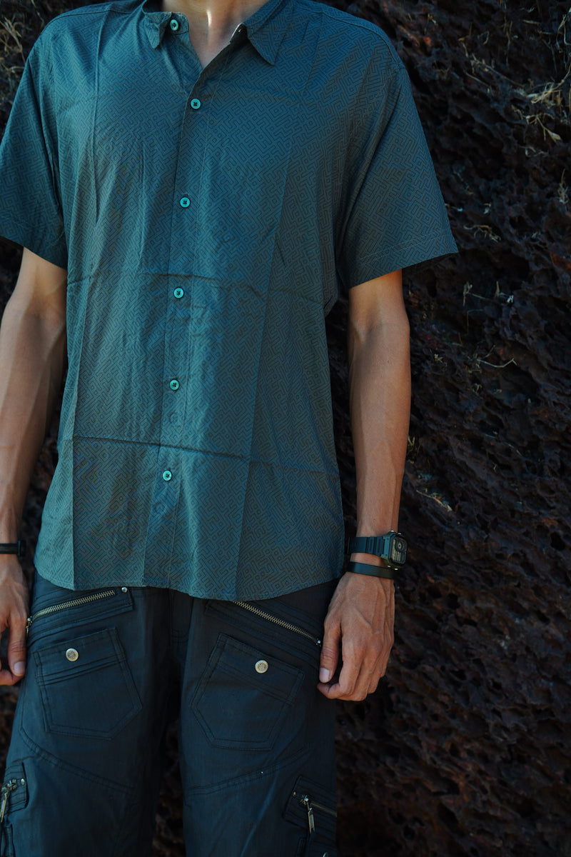 SHIPIBO dark green men's viscose shirt close-up with patterned fabric