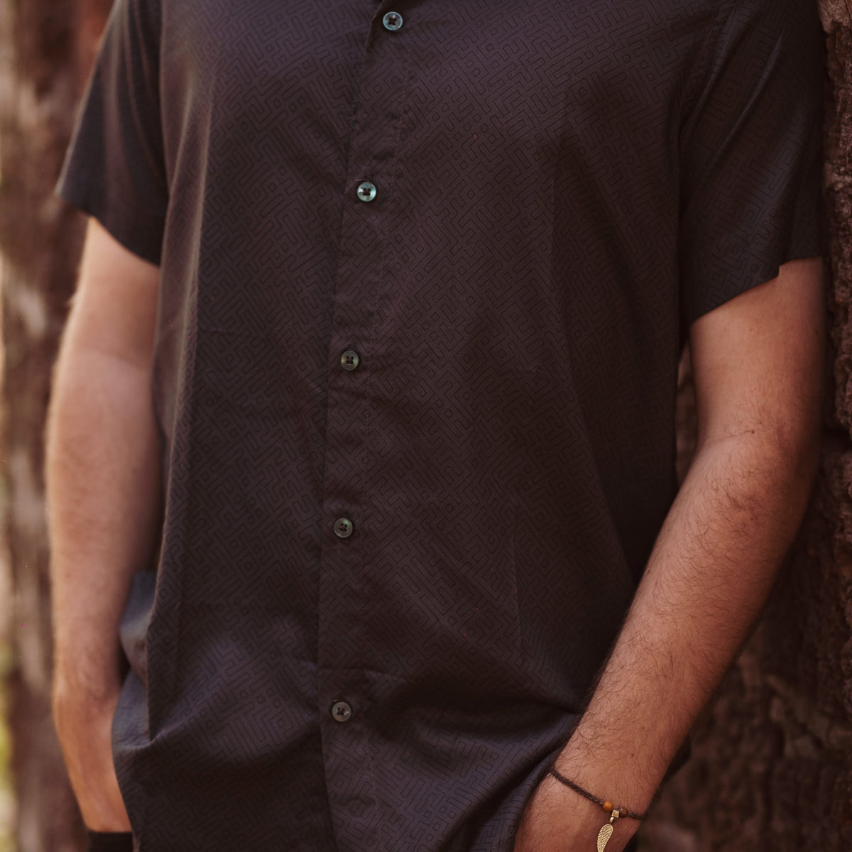 SHIPIBO grey viscose shirt for men with geometric pattern