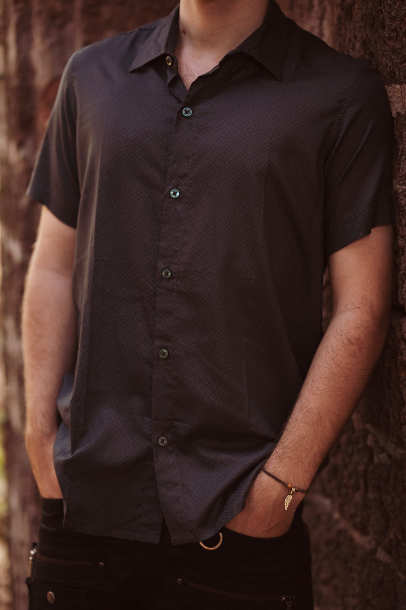 SHIPIBO grey viscose shirt for men with geometric pattern