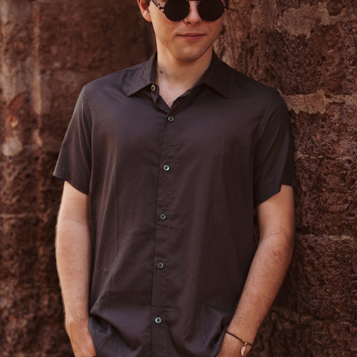 Front View of SHIPIBO grey viscose shirt for men with geometric pattern