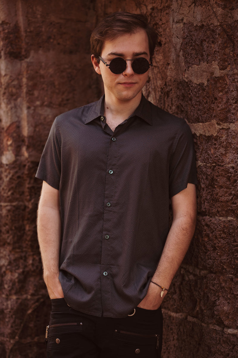 Front View of SHIPIBO grey viscose shirt for men with geometric pattern