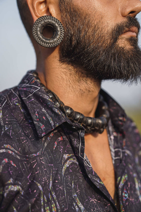 Stardust bamboo shirt digital print close up