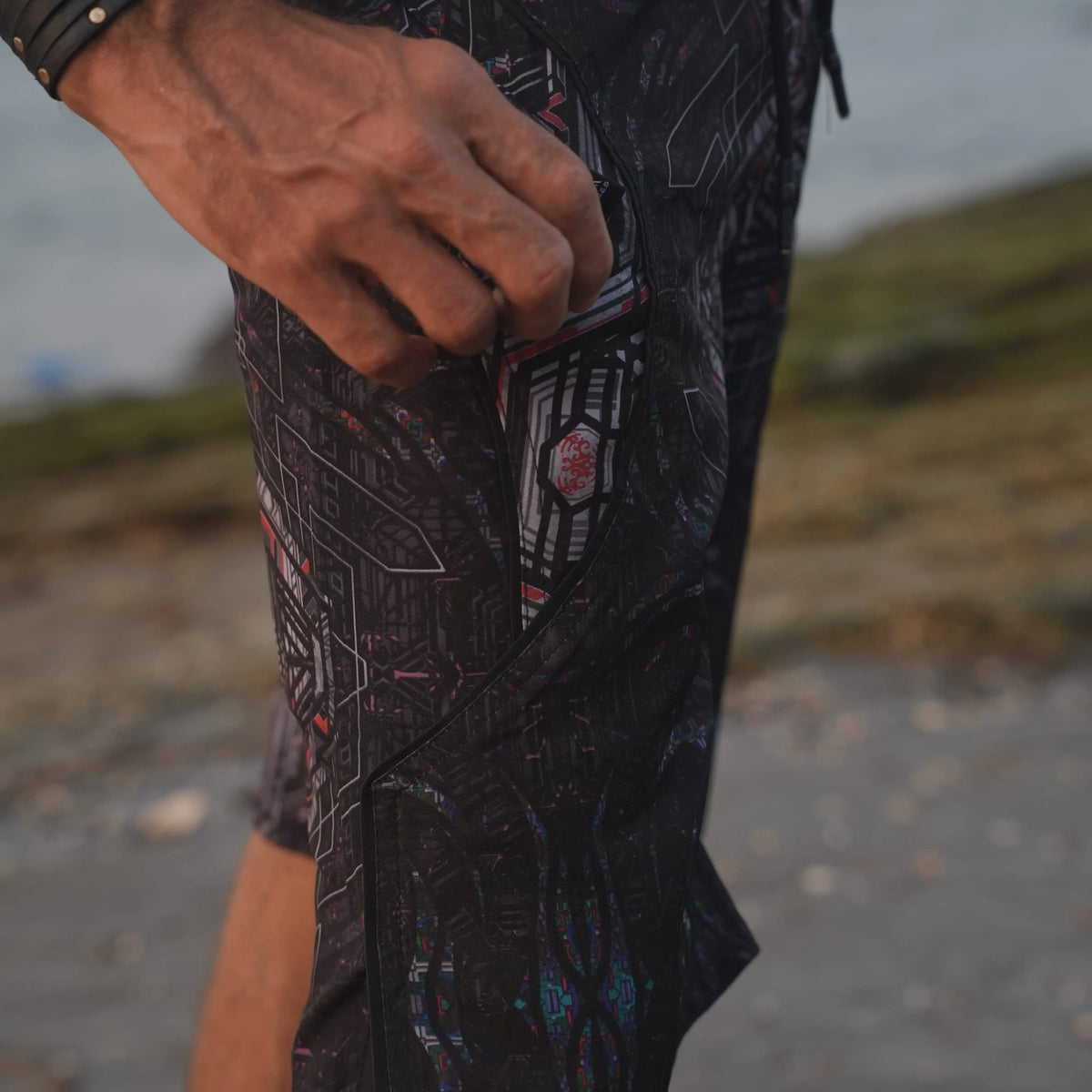 Close-up of the hook-and-loop closure on the hidden back pocket of Star Dust board shorts