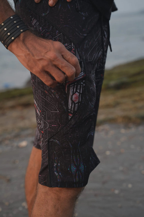 Close-up of the hook-and-loop closure on the hidden back pocket of Star Dust board shorts