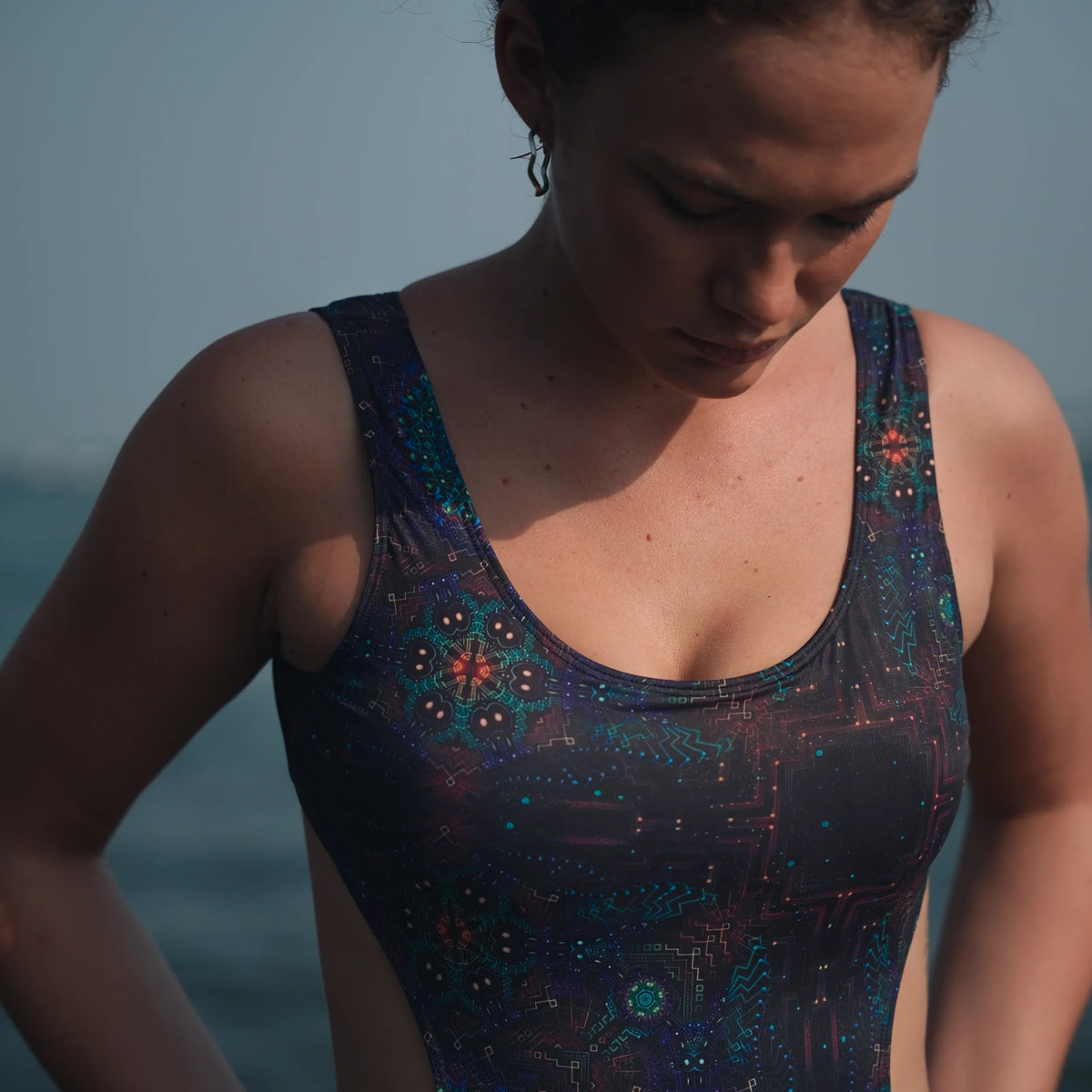 one piece cut out swimsuit transcendental print close up geometric psychedelic texture