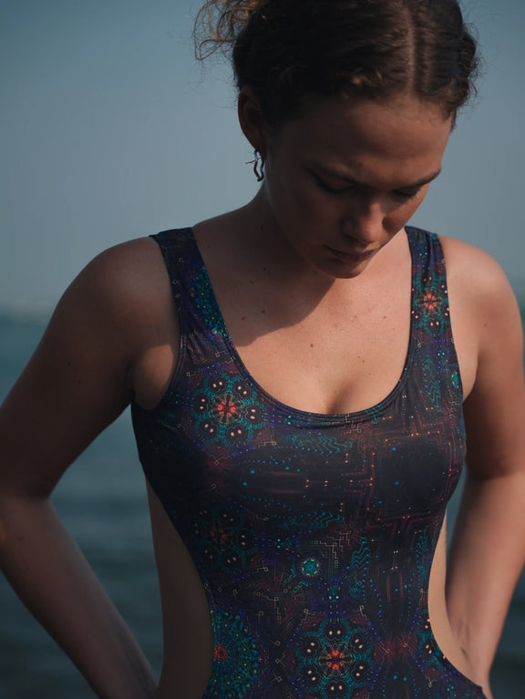 one piece cut out swimsuit transcendental print close up geometric psychedelic texture