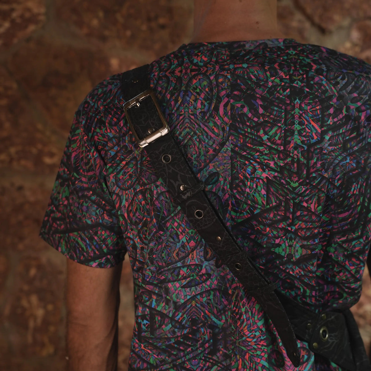 Vanta Dragon cotton canvas crossbody bag shown from behind with its adjustable patterned strap