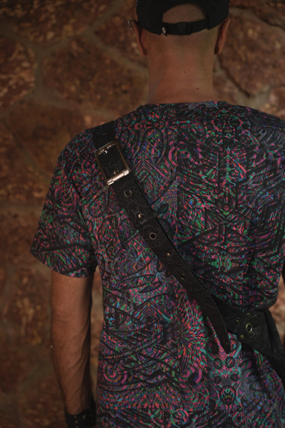 Vanta Dragon cotton canvas crossbody bag shown from behind with its adjustable patterned strap