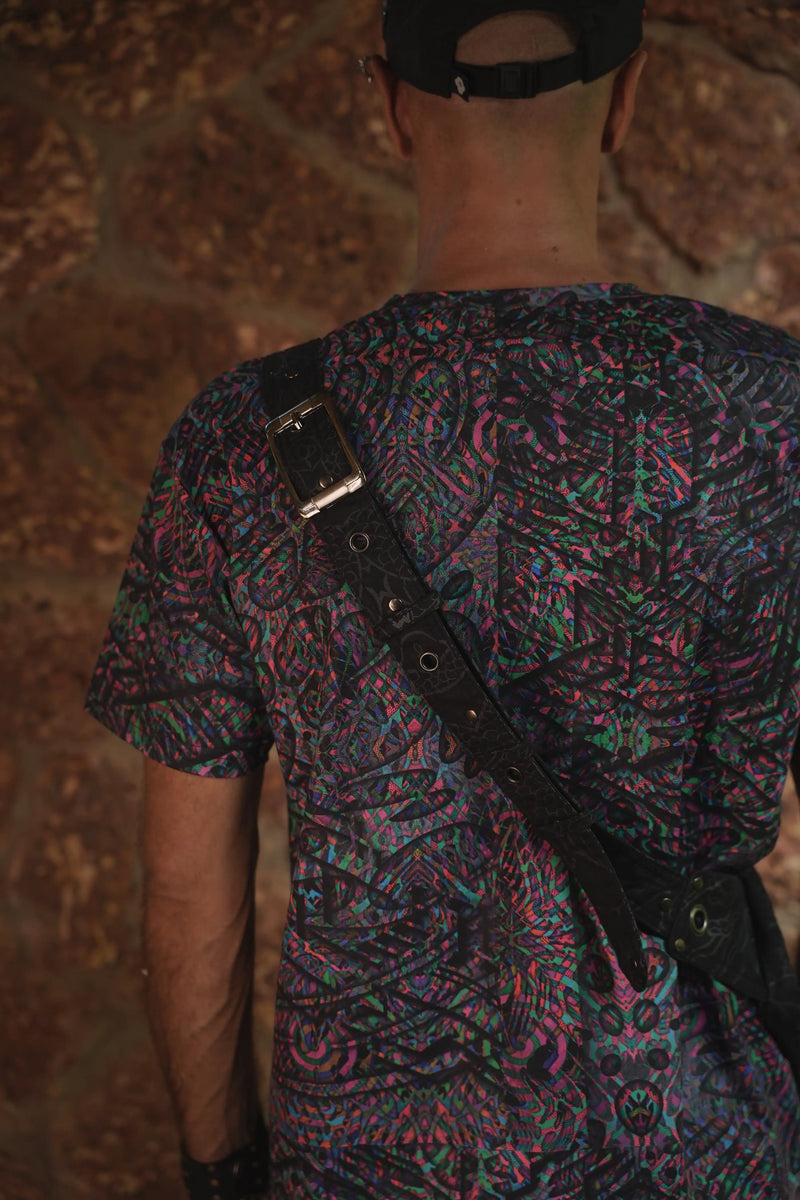 Vanta Dragon cotton canvas crossbody bag shown from behind with its adjustable patterned strap