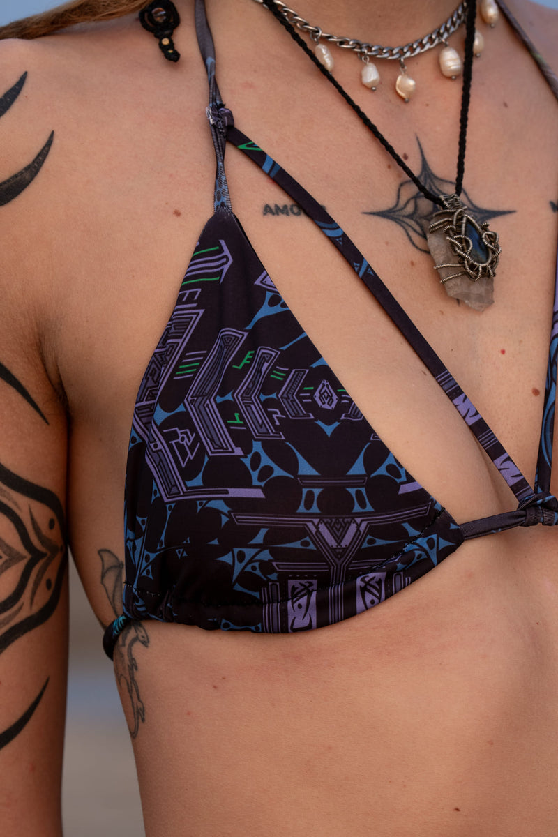 xenomorph rave swimwear bikini top geometric alien print close up