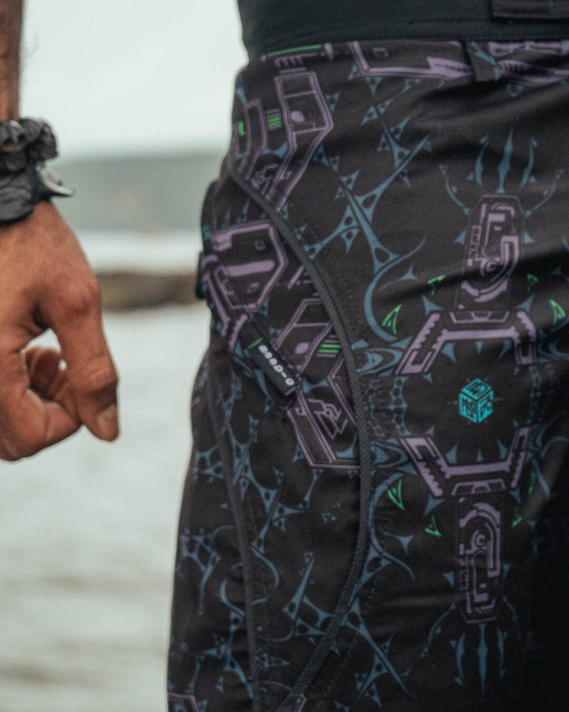 cyberpunk printed swim shorts front view men