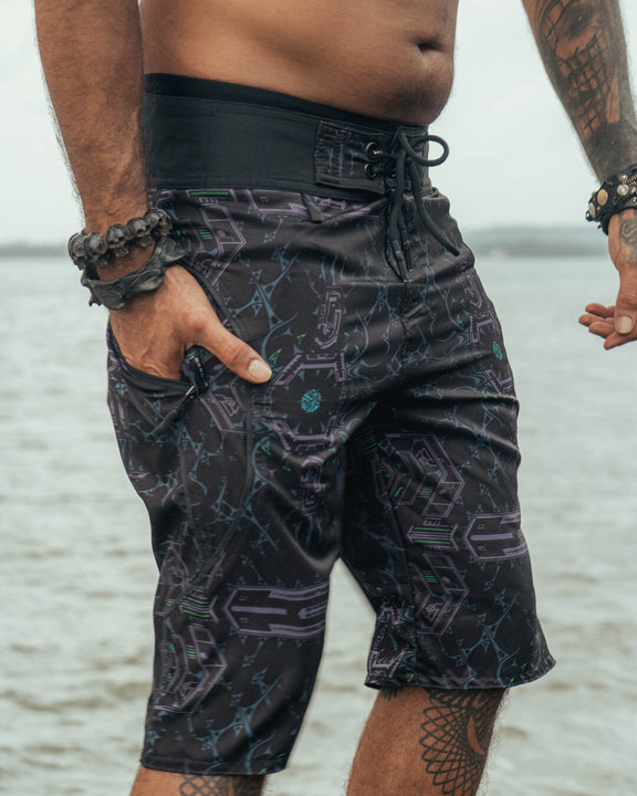 dark futuristic swim trunks men side angle
