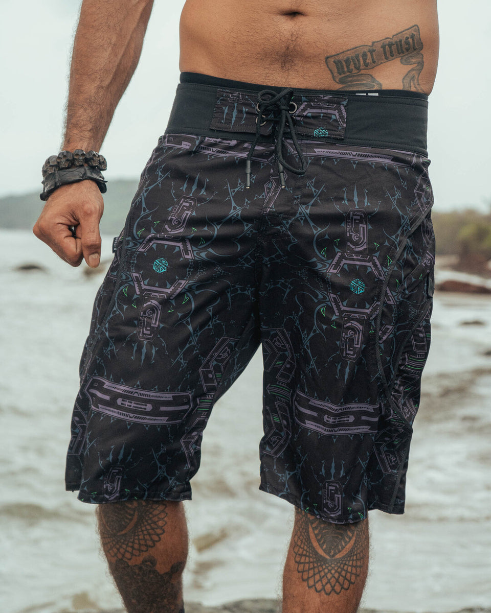 printed swim shorts zipper pocket detail