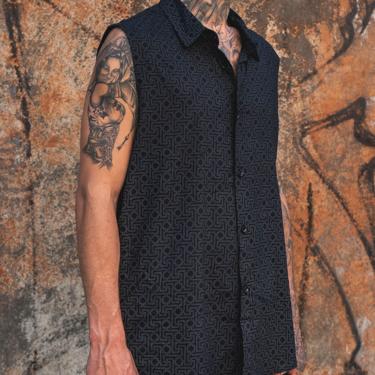 Yantra - Men's Black Sleeveless Shirt | Geometric Print Viscose Shirt