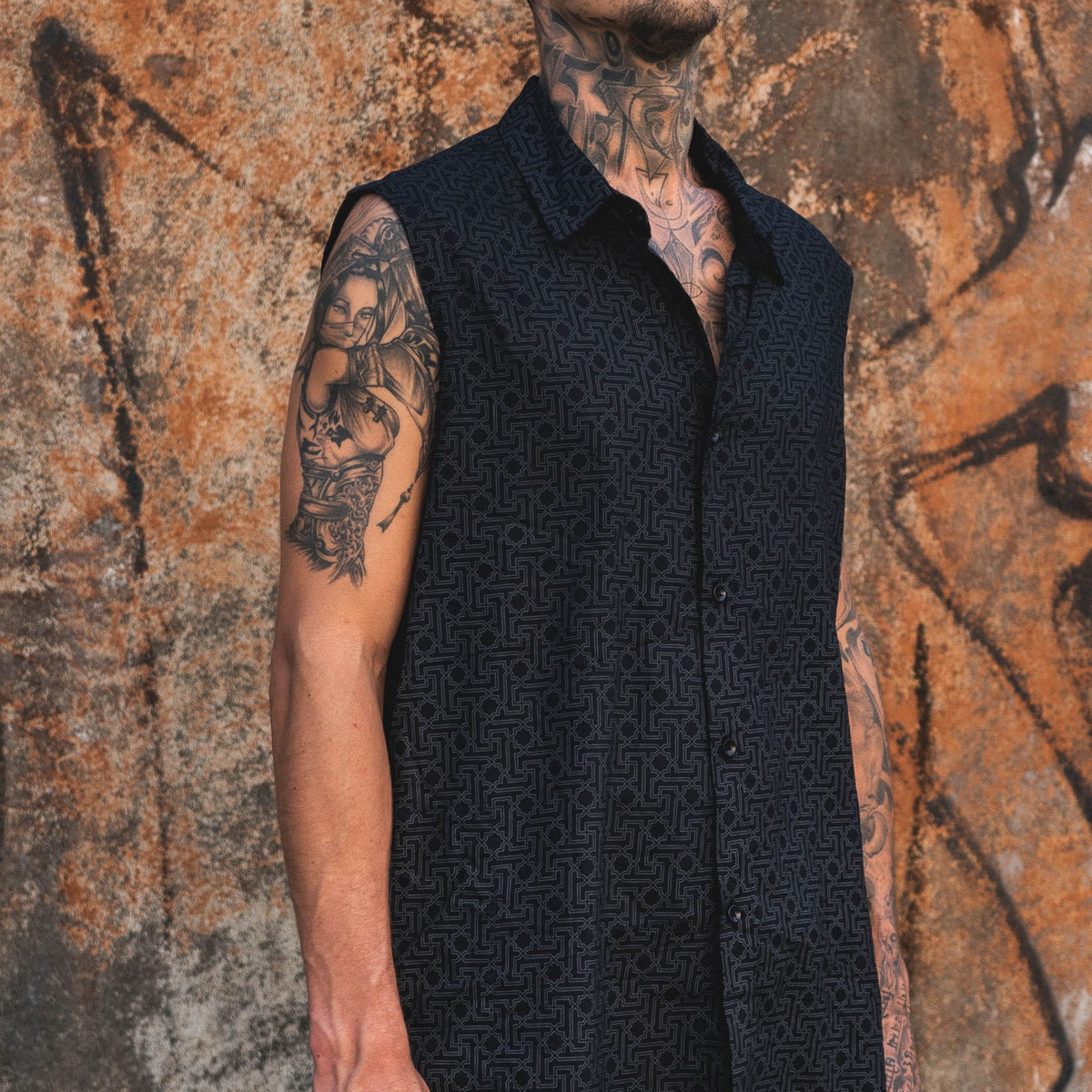 Yantra - Men's Black Sleeveless Shirt | Geometric Print Viscose Shirt