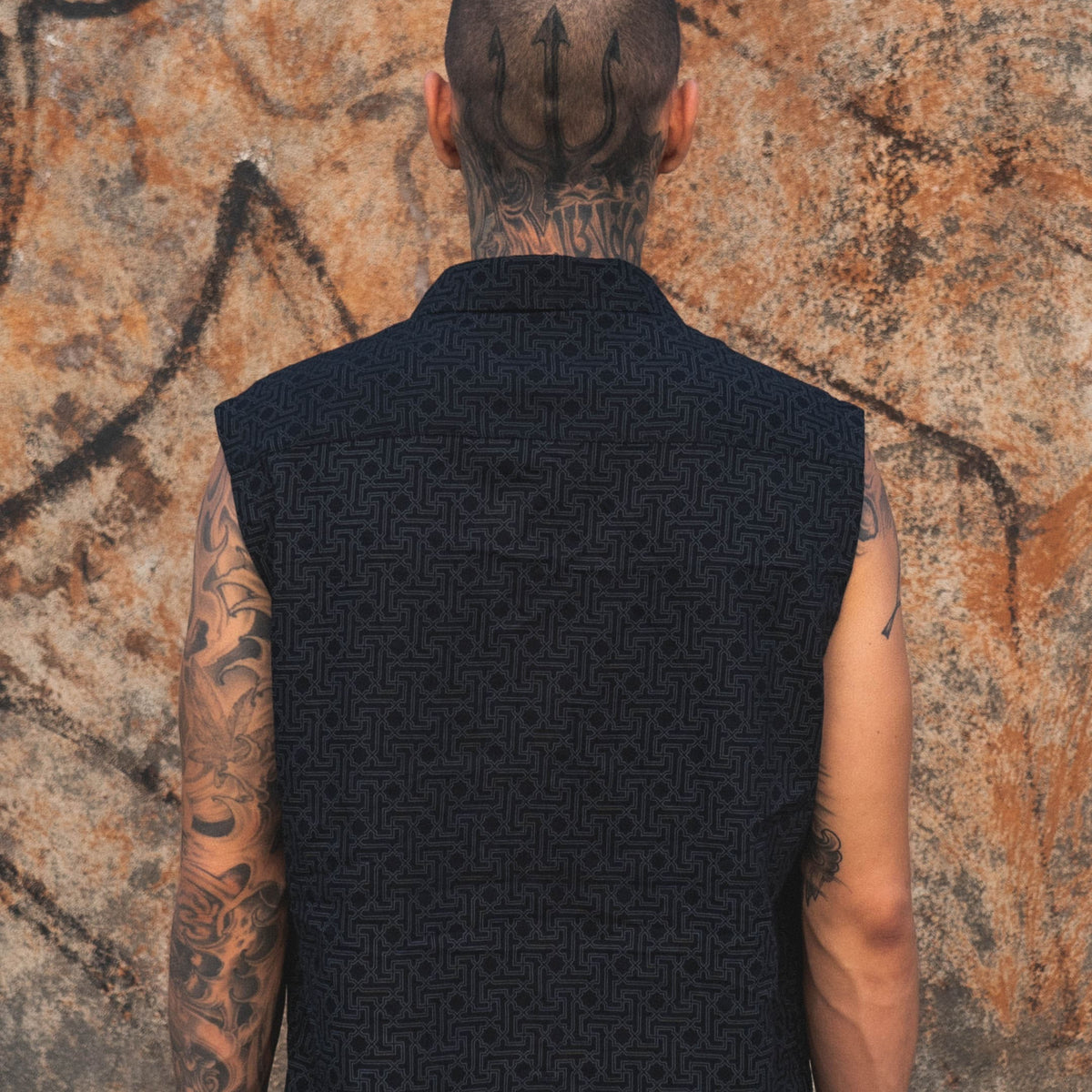 Yantra - Men's Black Sleeveless Shirt | Geometric Print Viscose Shirt
