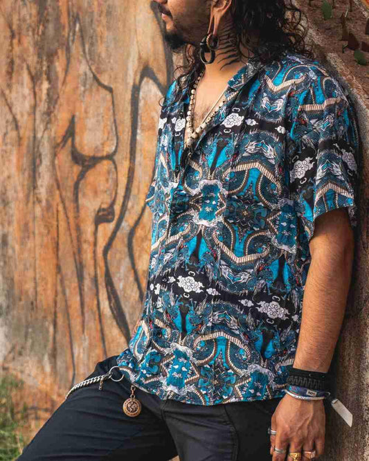 Stylish men's bamboo shirt showcasing detailed dragon artwork, ideal for sustainable and conscious fashion lovers.