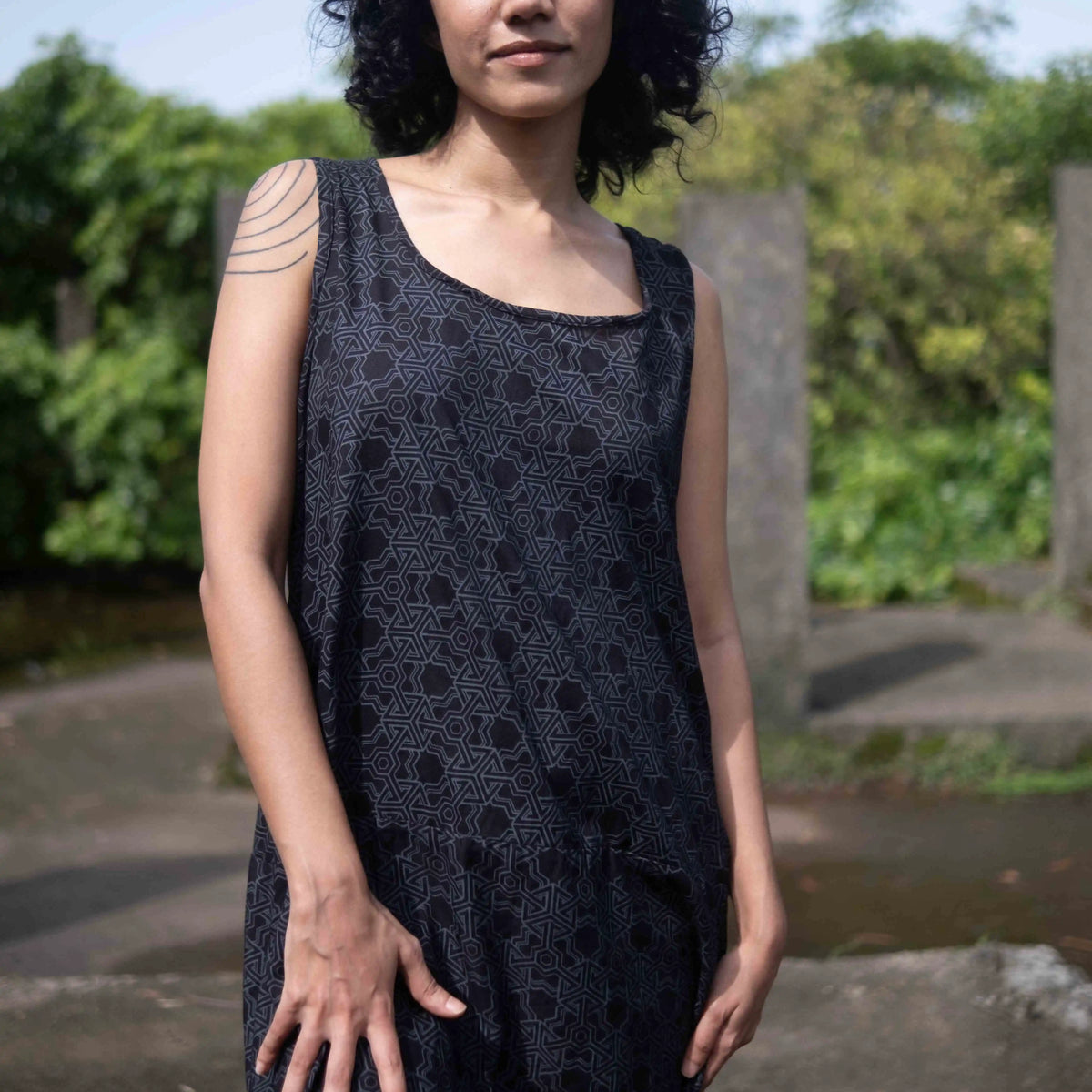 boho festival dress black geometric print front view
