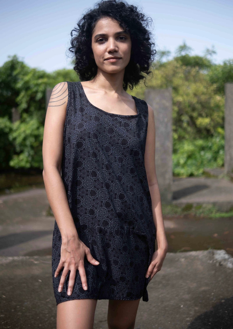 boho festival dress black geometric print front view