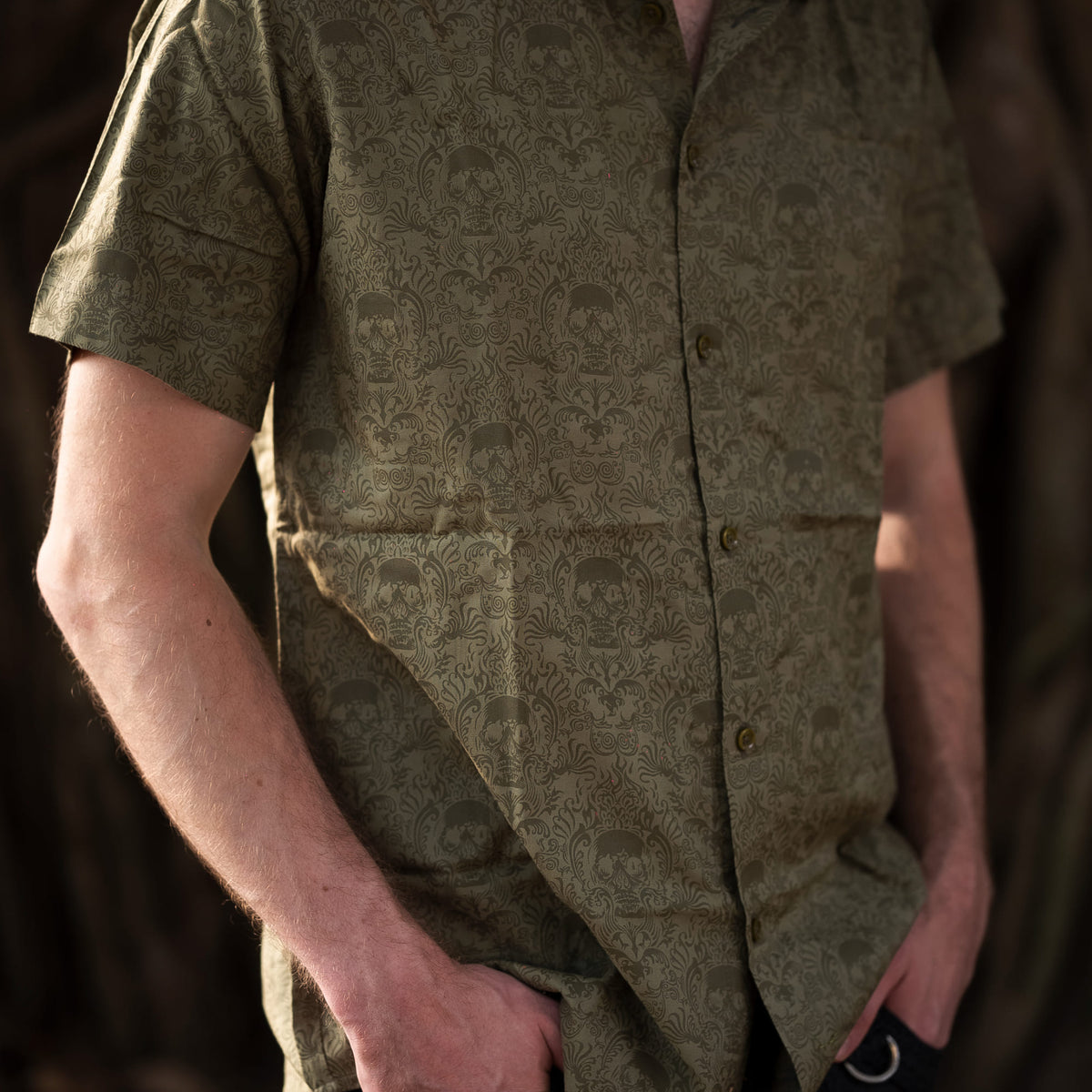 CANCUN SKULL - Metalhead Rocker Button-up Khaki Viscose Shirt for Men