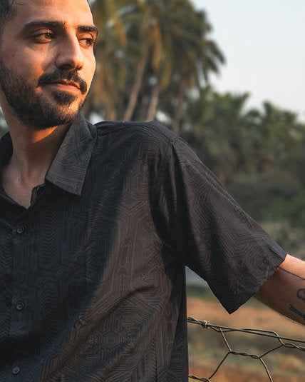 METANOIA | Men's Black Viscose Shirts | Future Cybernetic Print Shirt