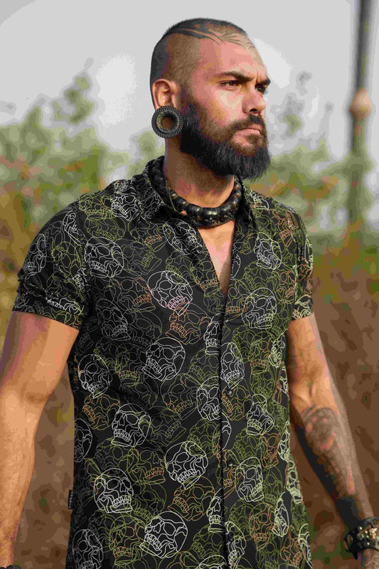 SKULL FIST-Men's Psychedelic Clothing Shirt | Black Viscose Skull Artwear Shirt