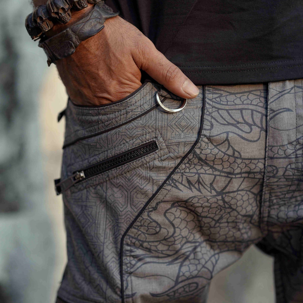 off grey psychedelic cargo pants multi pocket detail with YKK zipper dragon print