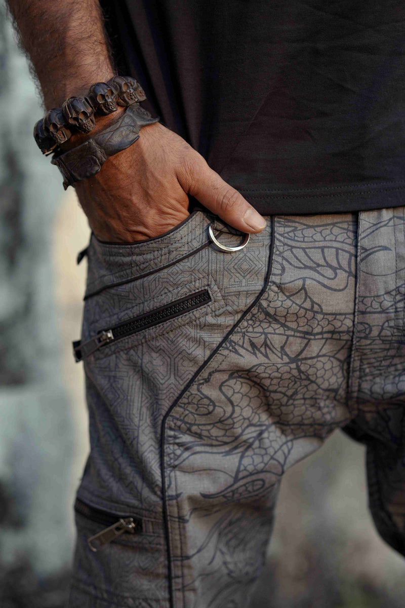 off grey psychedelic cargo pants multi pocket detail with YKK zipper dragon print