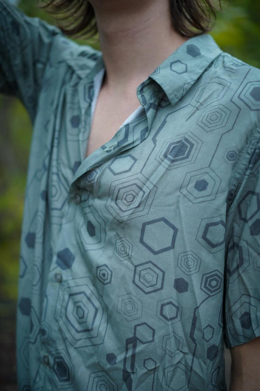 bamboo modal fabric shirt close up with hexagon geometric pattern