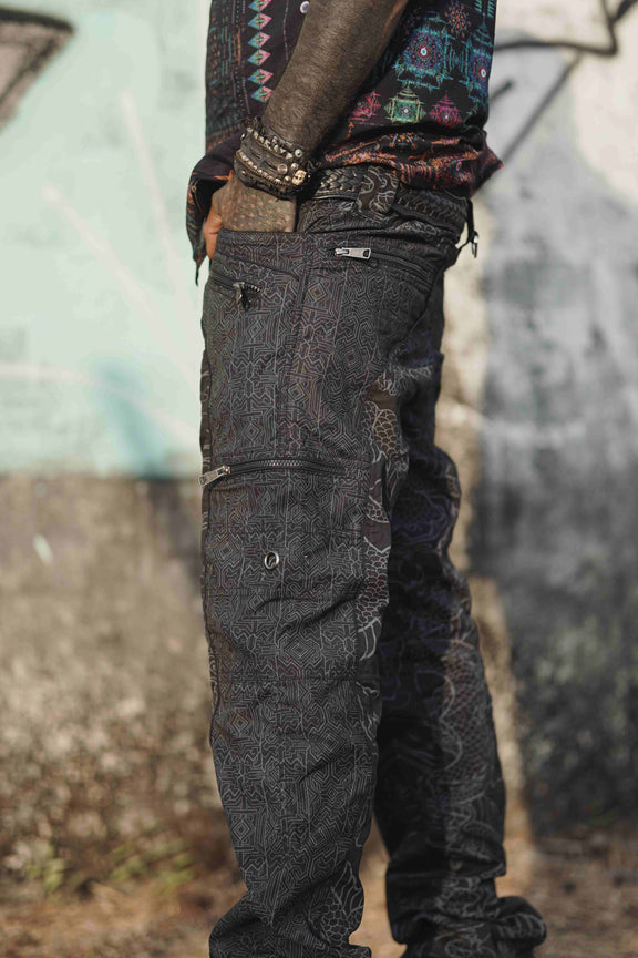 men’s black cargo pants with multiple zipper pockets and premium brass hardware