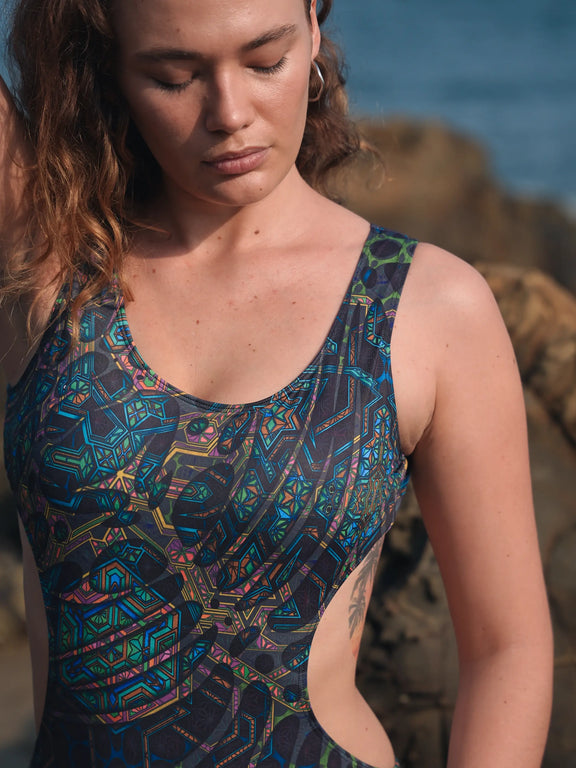 Close up of psychedelic geometric print one piece swimsuit for women