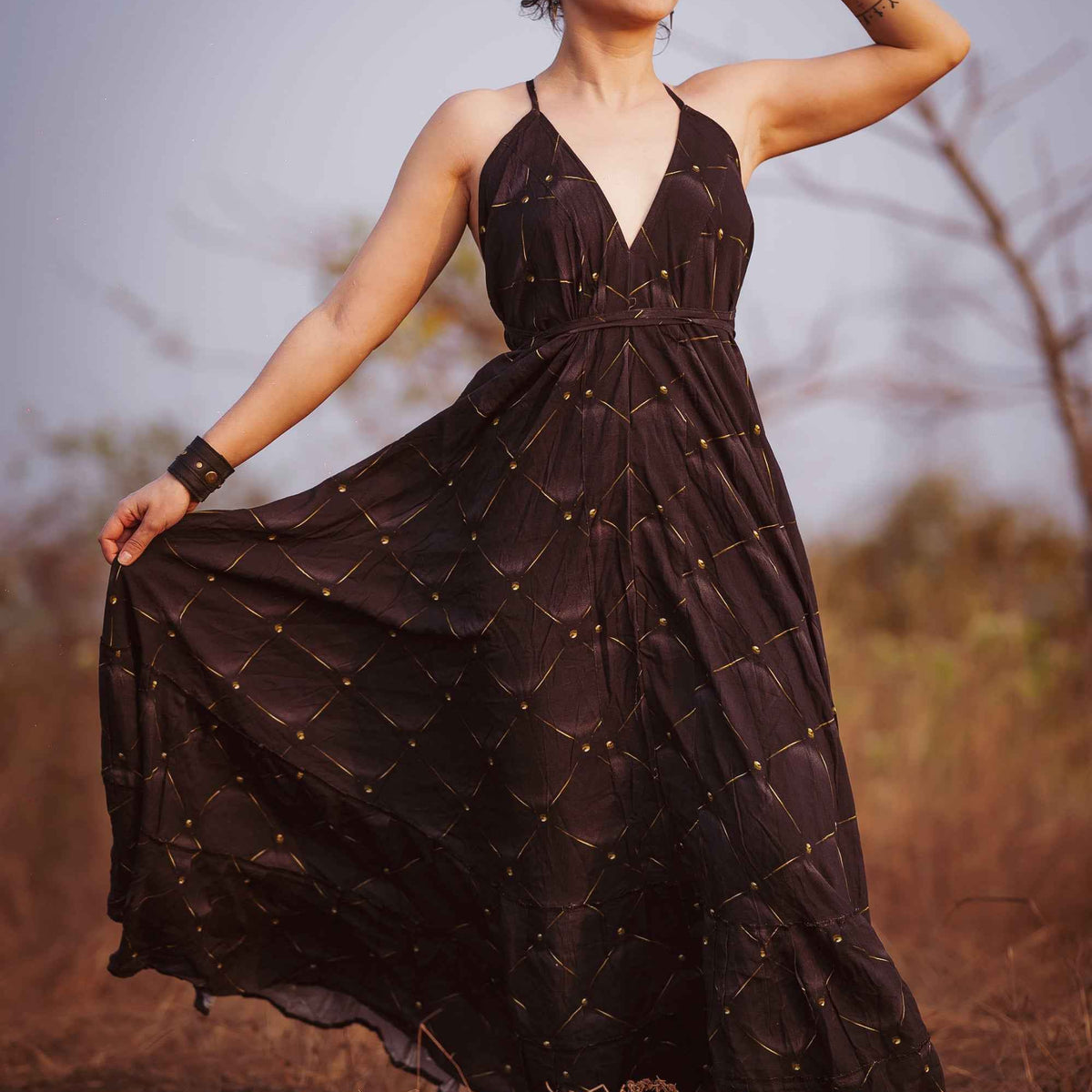 GOLDEN DWELL | Womens Bamboo Fabric Dress | Pixie Festival Goa Summer Maxi Dress