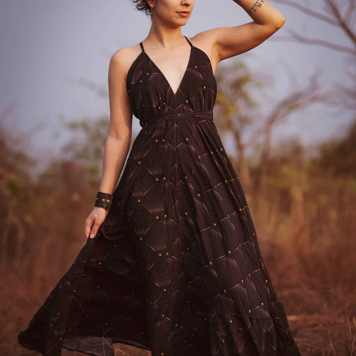 GOLDEN DWELL | Womens Bamboo Fabric Dress | Pixie Festival Goa Summer Maxi Dress